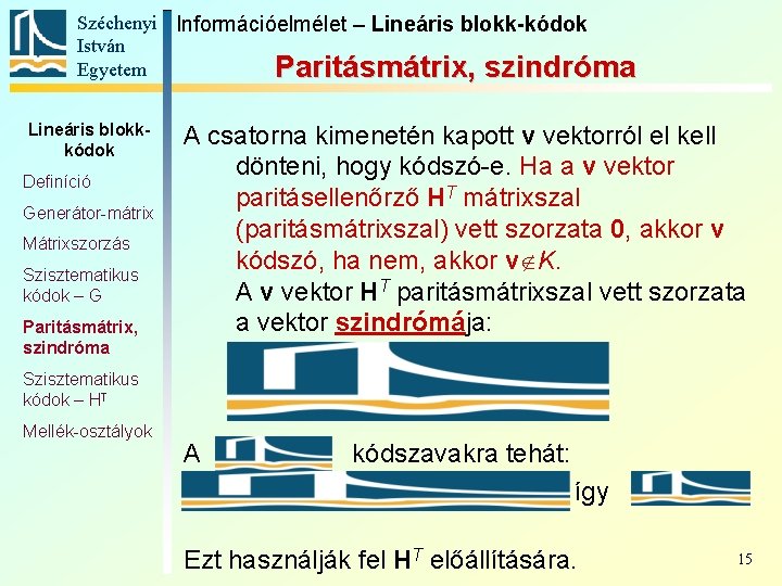 Széchenyi Információelmélet – Lineáris blokk-kódok István Egyetem Paritásmátrix, szindróma Lineáris blokkkódok Definíció Generátor-mátrix Mátrixszorzás