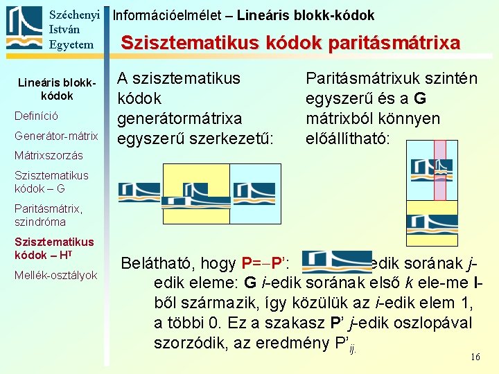 Széchenyi Információelmélet – Lineáris blokk-kódok István Egyetem Szisztematikus kódok paritásmátrixa Lineáris blokkkódok Definíció Generátor-mátrix