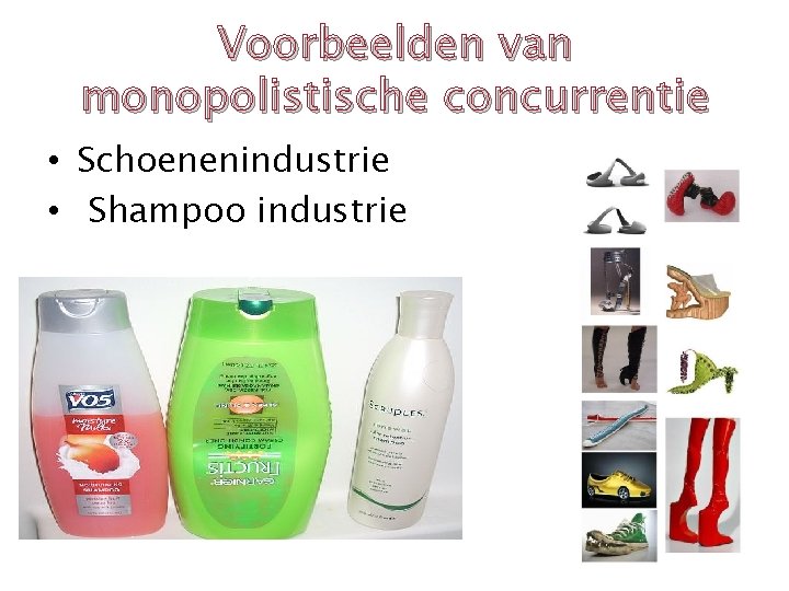 Voorbeelden van monopolistische concurrentie • Schoenenindustrie • Shampoo industrie 