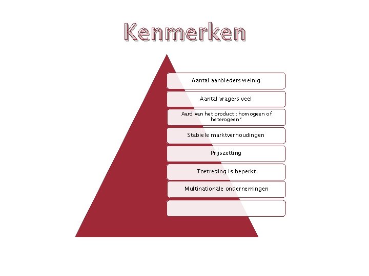 Kenmerken Aantal aanbieders weinig Aantal vragers veel Aard van het product : homogeen of