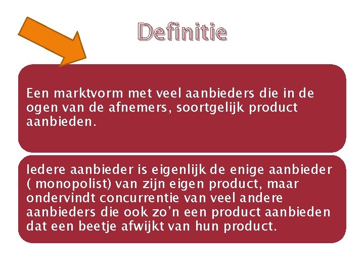 Definitie Een marktvorm met veel aanbieders die in de ogen van de afnemers, soortgelijk