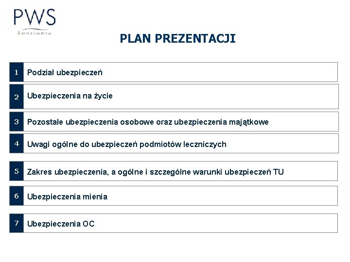 PLAN PREZENTACJI 1 Podział ubezpieczeń 2 Ubezpieczenia na życie 3 Pozostałe ubezpieczenia osobowe oraz