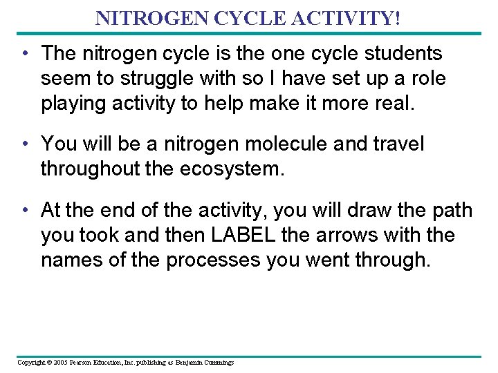 NITROGEN CYCLE ACTIVITY! • The nitrogen cycle is the one cycle students seem to