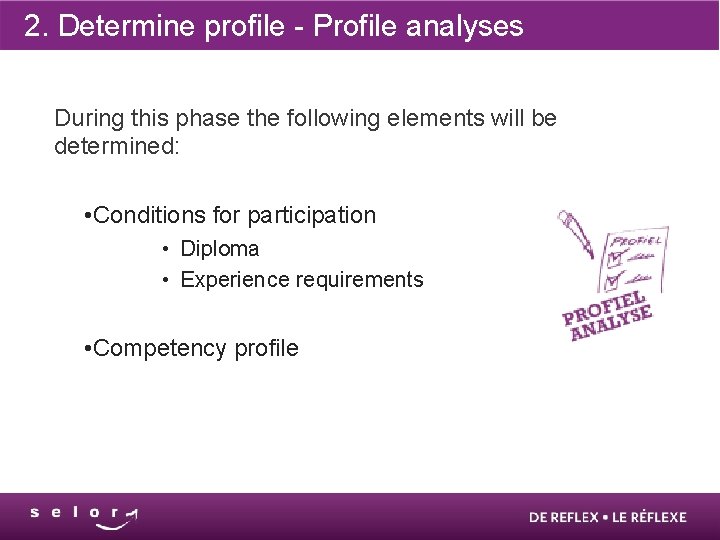 2. Determine profile - Profile analyses During this phase the following elements will be
