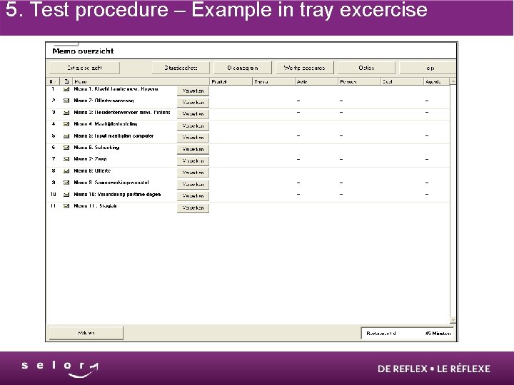 5. Test procedure – Example in tray excercise 