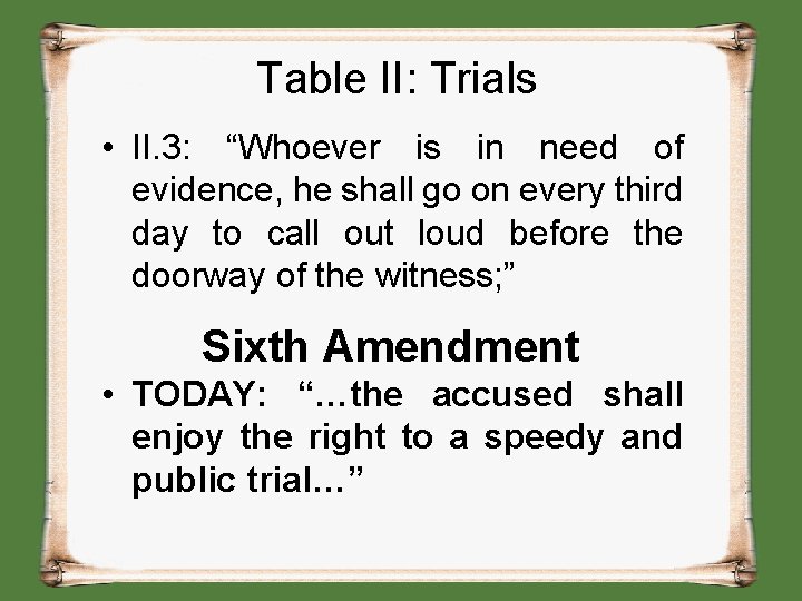 Table II: Trials • II. 3: “Whoever is in need of evidence, he shall