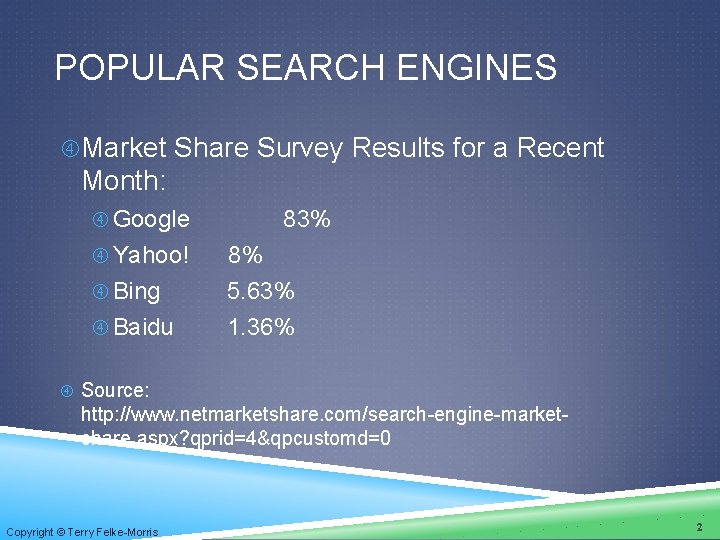 POPULAR SEARCH ENGINES Market Share Survey Results for a Recent Month: Google Yahoo! Bing