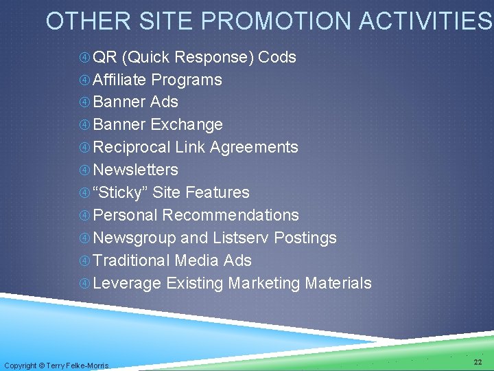 OTHER SITE PROMOTION ACTIVITIES QR (Quick Response) Cods Affiliate Programs Banner Ads Banner Exchange