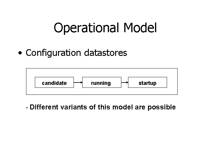 Operational Model • Configuration datastores candidate • Different running startup variants of this model