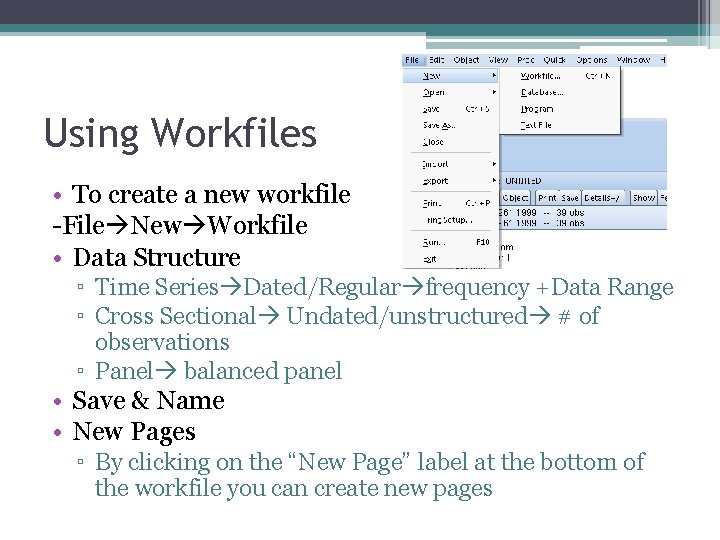 Using Workfiles • To create a new workfile -File New Workfile • Data Structure