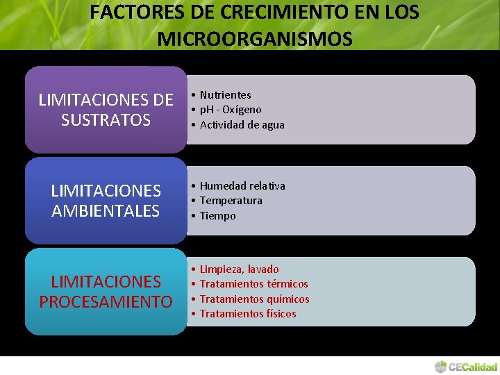FACTORES DE CRECIMIENTO EN LOS MICROORGANISMOS LIMITACIONES DE SUSTRATOS • Nutrientes • p. H