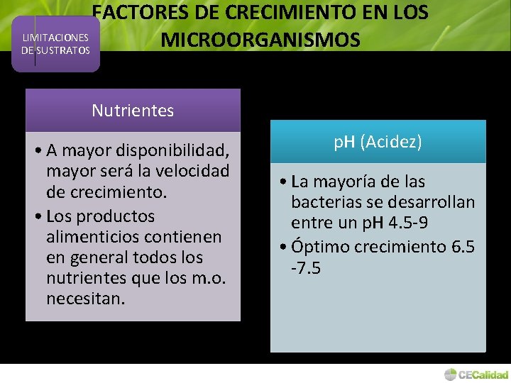 FACTORES DE CRECIMIENTO EN LOS LIMITACIONES MICROORGANISMOS DE SUSTRATOS Nutrientes • A mayor disponibilidad,