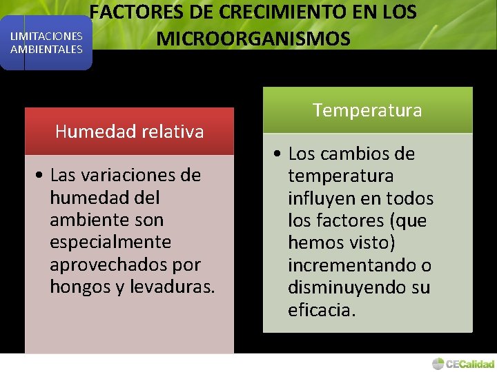 FACTORES DE CRECIMIENTO EN LOS LIMITACIONES MICROORGANISMOS AMBIENTALES Humedad relativa • Las variaciones de