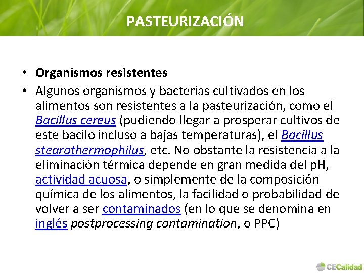 PASTEURIZACIÓN • Organismos resistentes • Algunos organismos y bacterias cultivados en los alimentos son