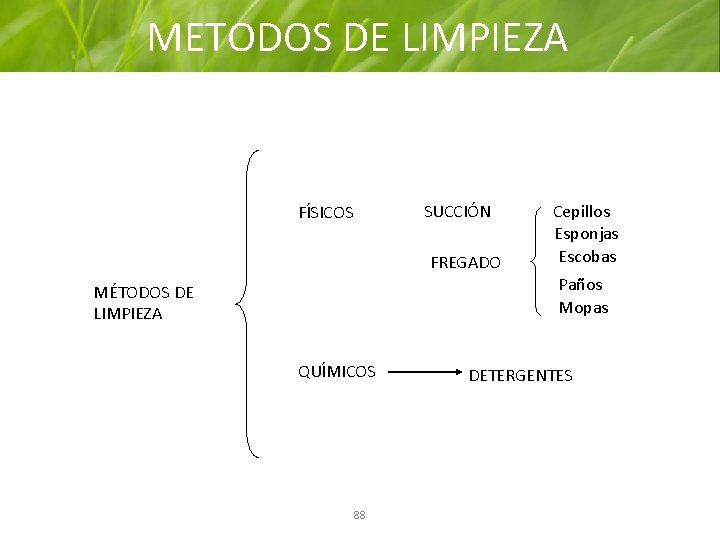 METODOS DE LIMPIEZA SUCCIÓN FÍSICOS FREGADO Cepillos Esponjas Escobas Paños Mopas MÉTODOS DE LIMPIEZA