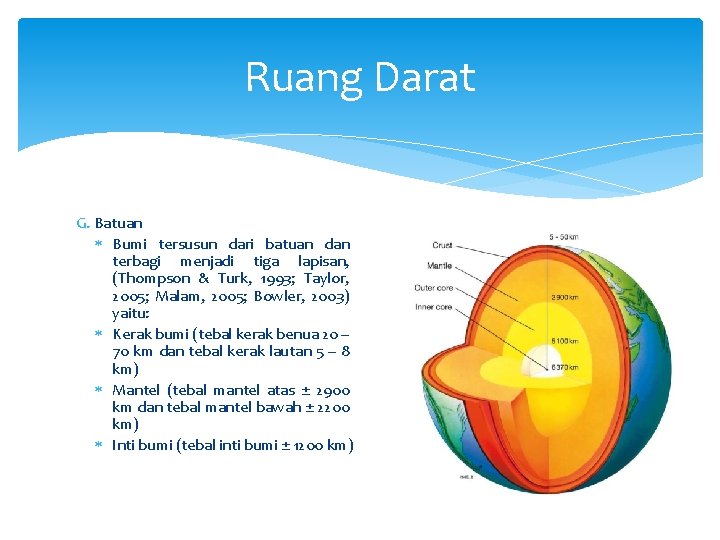 Ruang Darat G. Batuan Bumi tersusun dari batuan dan terbagi menjadi tiga lapisan, (Thompson