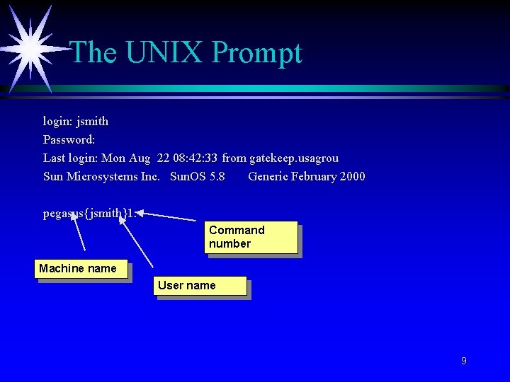 The UNIX Prompt login: jsmith Password: Last login: Mon Aug 22 08: 42: 33