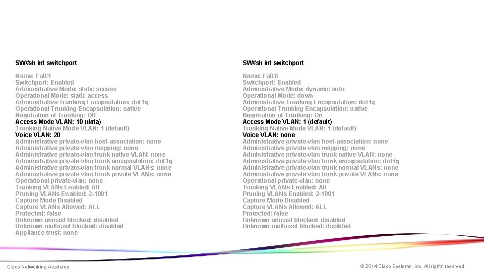 SW#sh int switchport Name: Fa 0/1 Switchport: Enabled Administrative Mode: static access Operational Mode: