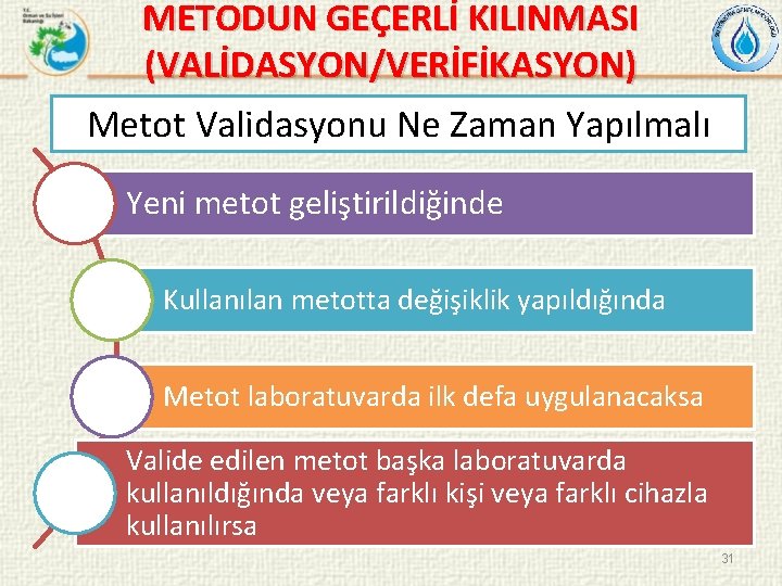 METODUN GEÇERLİ KILINMASI (VALİDASYON/VERİFİKASYON) Metot Validasyonu Ne Zaman Yapılmalı Yeni metot geliştirildiğinde Kullanılan metotta