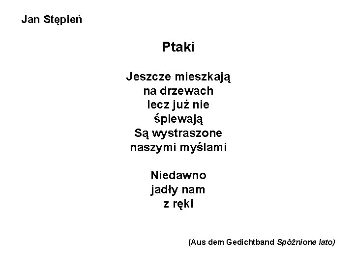 Jan Stępień Ptaki Jeszcze mieszkają na drzewach lecz już nie śpiewają Są wystraszone naszymi