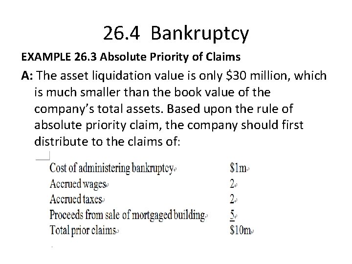 26. 4 Bankruptcy EXAMPLE 26. 3 Absolute Priority of Claims A: The asset liquidation