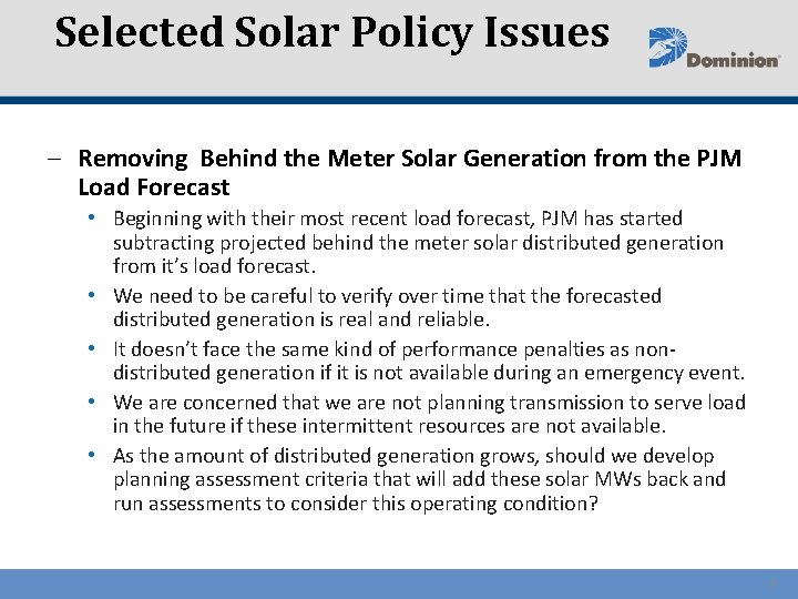 Selected Solar Policy Issues – Removing Behind the Meter Solar Generation from the PJM