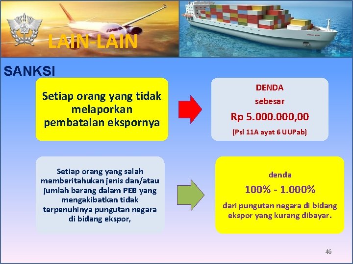 LAIN-LAIN SANKSI Setiap orang yang tidak melaporkan pembatalan ekspornya Setiap orang yang salah memberitahukan