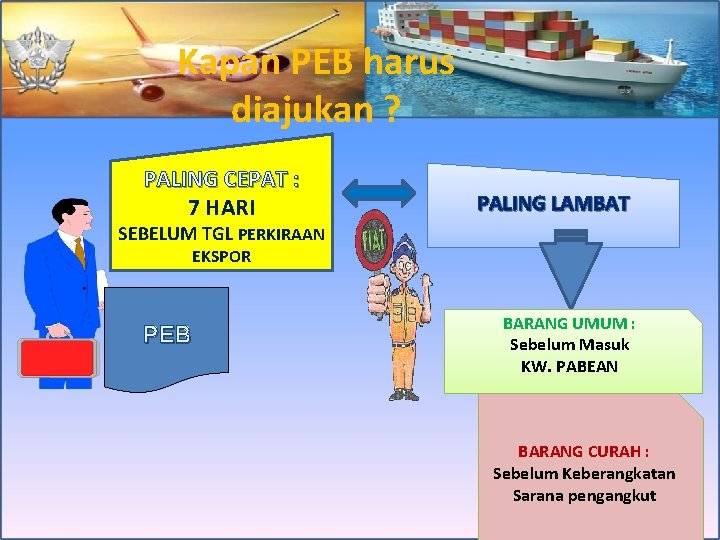 Kapan PEB harus diajukan ? PALING CEPAT : 7 HARI PALING LAMBAT SEBELUM TGL