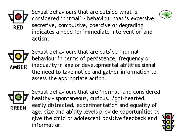 RED Sexual behaviours that are outside what is considered ‘normal’ – behaviour that is