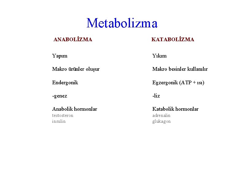 Metabolizma ANABOLİZMA Yapım Makro ürünler oluşur Endergonik Makro besinler kullanılır Egzergonik (ATP + ısı)