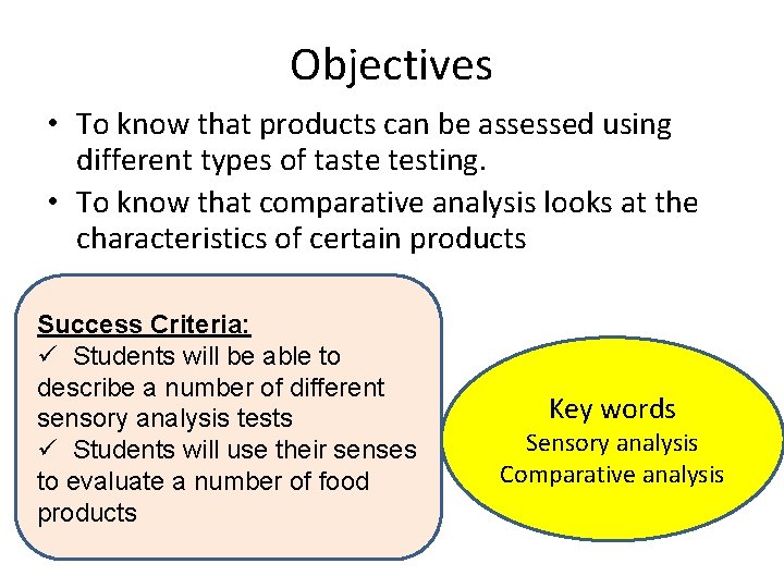 Objectives • To know that products can be assessed using different types of taste