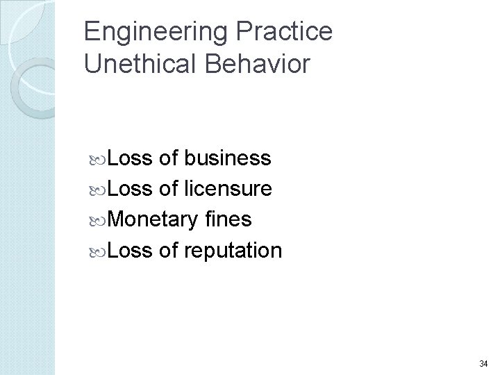 Engineering Practice Unethical Behavior Loss of business Loss of licensure Monetary fines Loss of