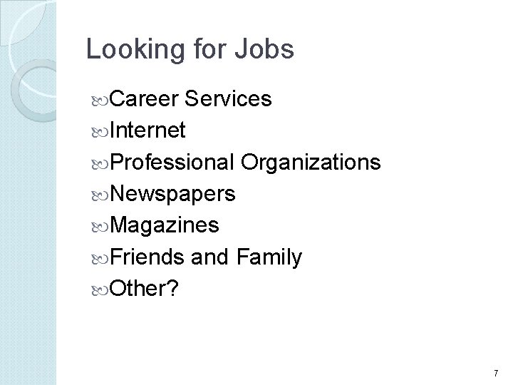 Looking for Jobs Career Services Internet Professional Organizations Newspapers Magazines Friends and Family Other?