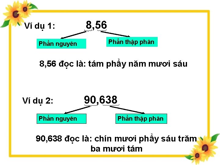 Ví dụ 1: Phần nguyên 8, 56 Phần thập phân 8, 56 đọc là: