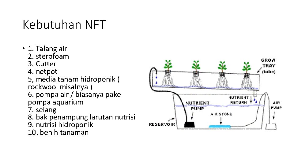 Kebutuhan NFT • 1. Talang air 2. sterofoam 3. Cutter 4. netpot 5, media