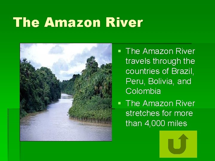 The Amazon River § The Amazon River travels through the countries of Brazil, Peru,