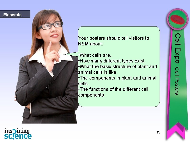 Elaborate 13 Cell Posters • What cells are. • How many different types exist.