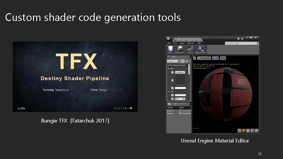 Custom shader code generation tools Bungie TFX [Tatarchuk 2017] Unreal Engine Material Editor 10