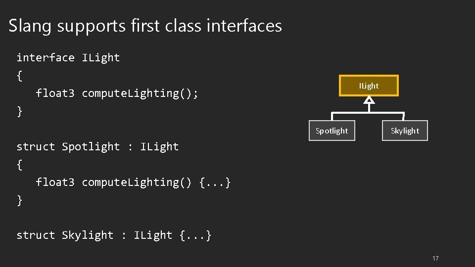 Slang supports first class interface ILight { float 3 compute. Lighting(); } ILight Spotlight