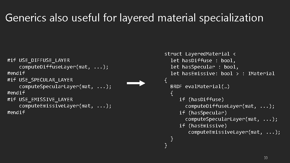 Generics also useful for layered material specialization #if USE_DIFFUSE_LAYER compute. Diffuse. Layer(mat, . .