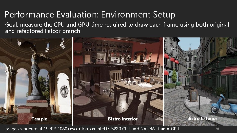 Performance Evaluation: Environment Setup Goal: measure the CPU and GPU time required to draw