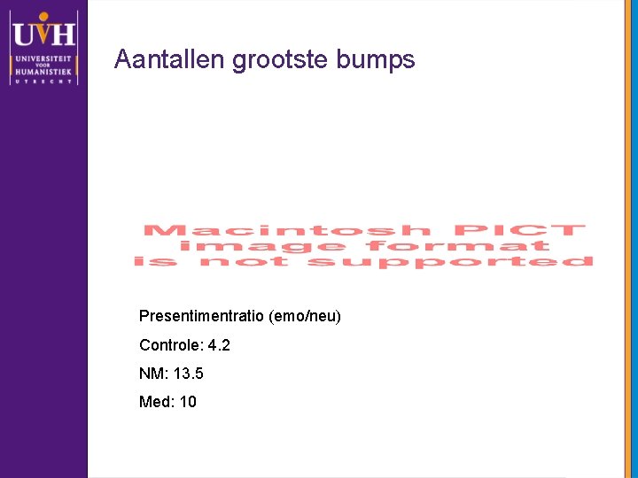 Aantallen grootste bumps Presentimentratio (emo/neu) Controle: 4. 2 NM: 13. 5 Med: 10 