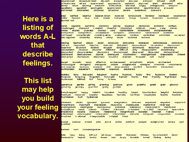 Here is a listing of words A-L that describe feelings. This list may help