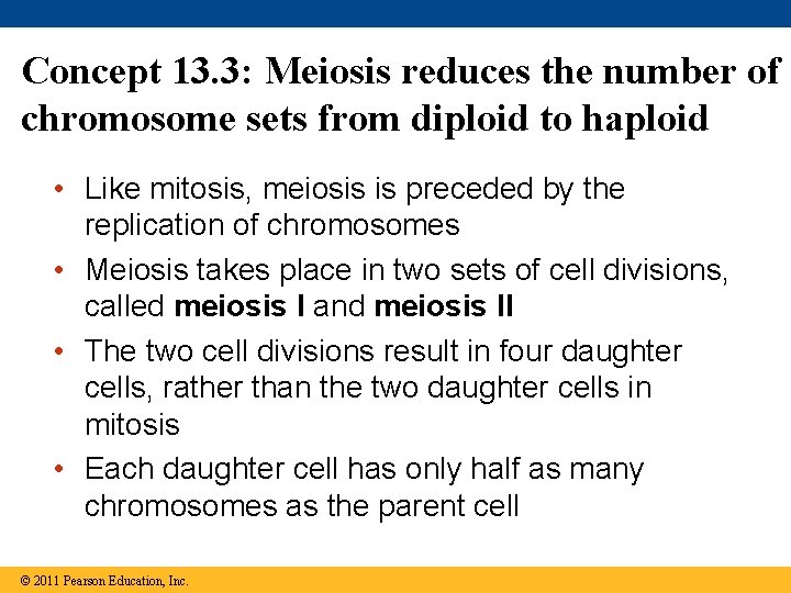 Concept 13. 3: Meiosis reduces the number of chromosome sets from diploid to haploid