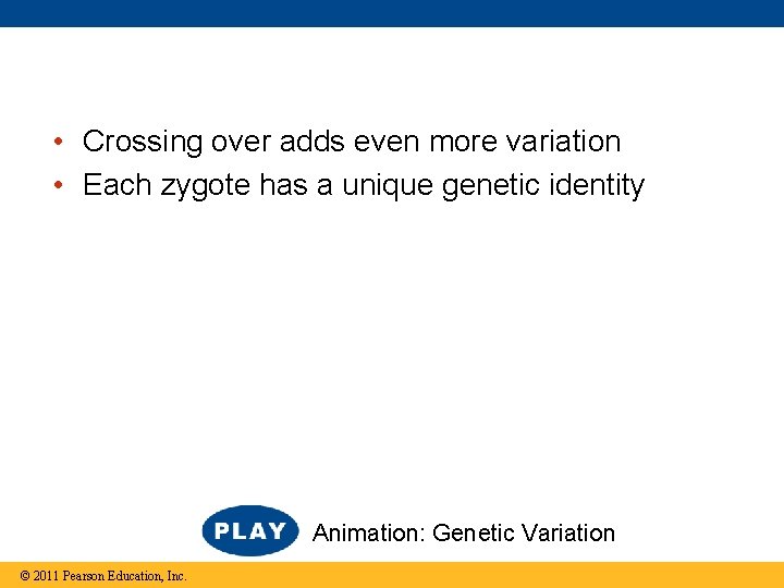  • Crossing over adds even more variation • Each zygote has a unique