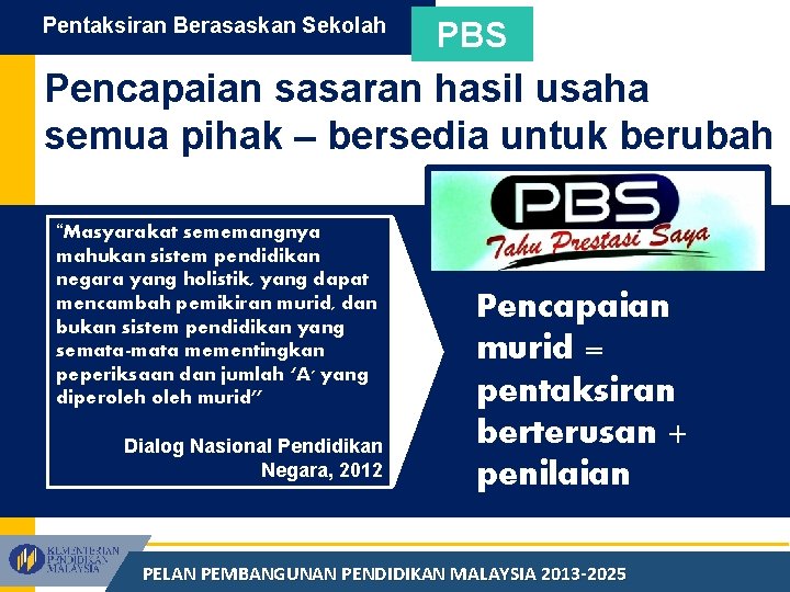 Pentaksiran Berasaskan Sekolah PBS Pencapaian sasaran hasil usaha semua pihak – bersedia untuk berubah