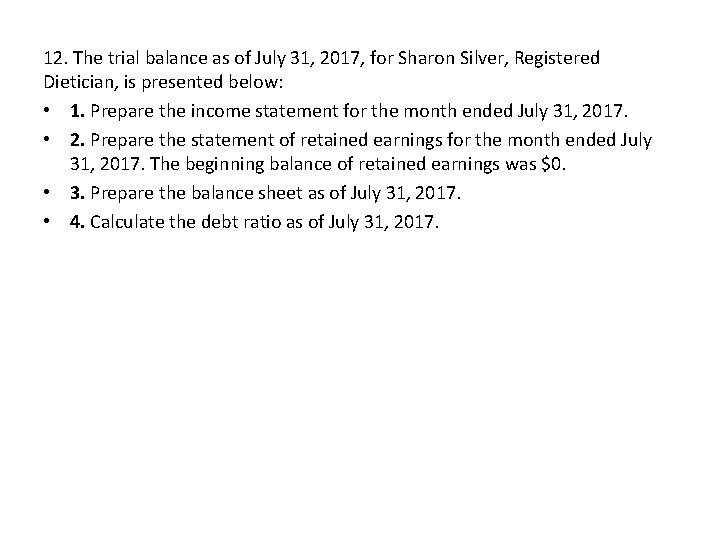 12. The trial balance as of July 31, 2017, for Sharon Silver, Registered Dietician,