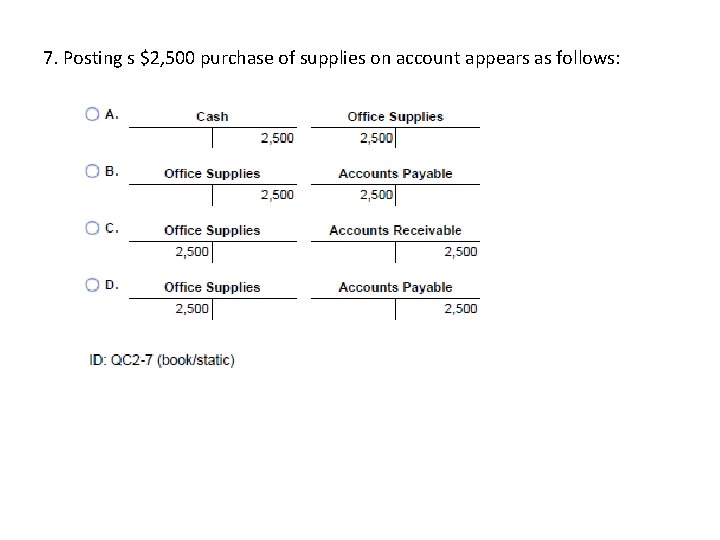 7. Posting s $2, 500 purchase of supplies on account appears as follows: 