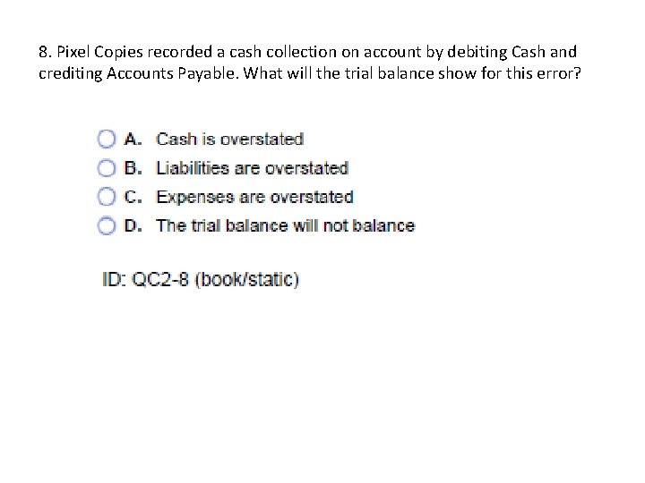 8. Pixel Copies recorded a cash collection on account by debiting Cash and crediting