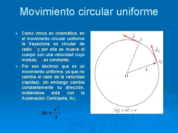 Movimiento circular uniforme Como vimos en cinemática, en el movimiento circular uniforme la trayectoria
